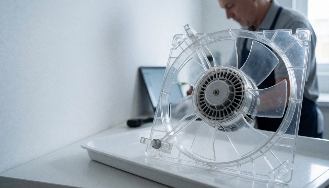 Close-up of a refrigerator evaporator covered in ice resting on a white plate, with a blurred repair workshop background.