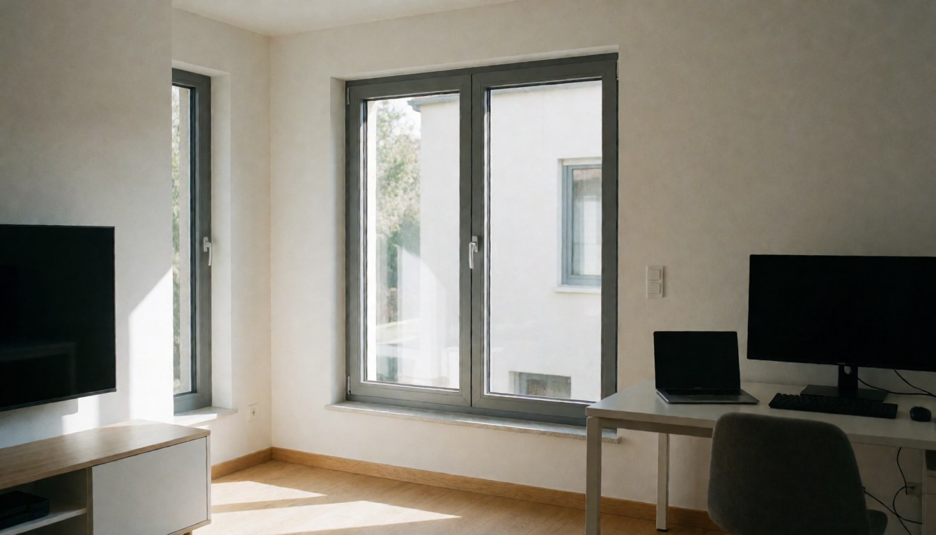 Anodized aluminum window installed in a modern living room with white walls, wood flooring, and sunlight, ideal for window installation businesses.