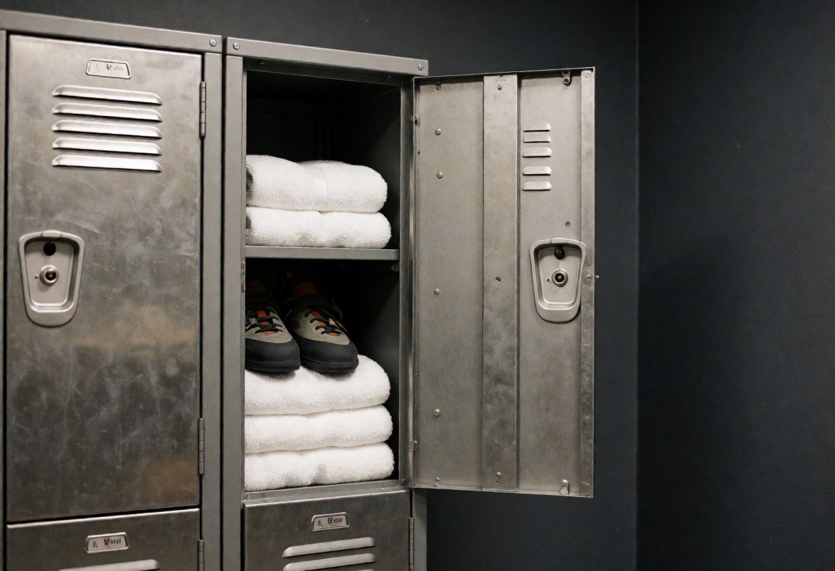 Open metal locker containing climbing shoes and white towels against a charcoal gray wall in a climbing gym locker room