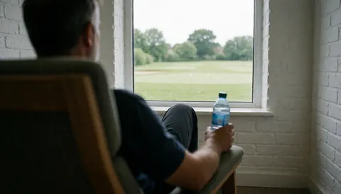 Person sitting in a lounge chair holding a water bottle with a white brick wall and golf course view, ideal for a golf instructor website hero section