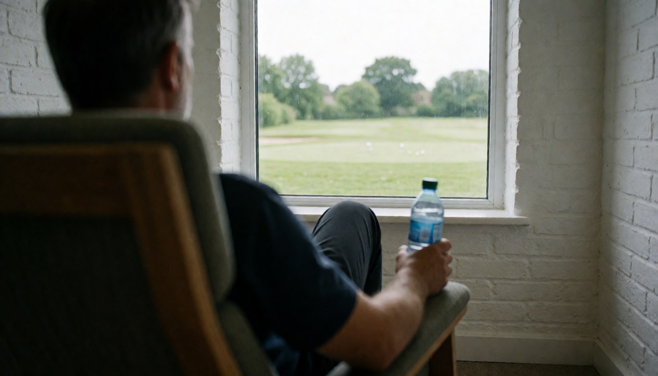 Person sitting in a lounge chair holding a water bottle with a white brick wall and golf course view, ideal for a golf instructor website hero section