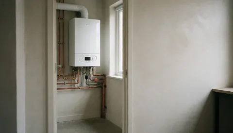 Wall-mounted white condensing gas boiler with copper pipes in a clean technical room with natural light from a window.