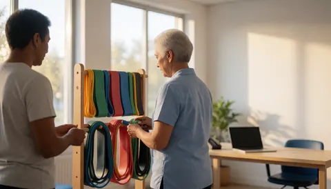Physiotherapist using elastic resistance bands in a rehabilitation studio with natural light from a window
