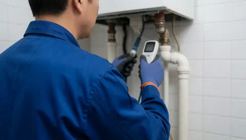 Technician measuring temperature on boiler pipes with a sensor