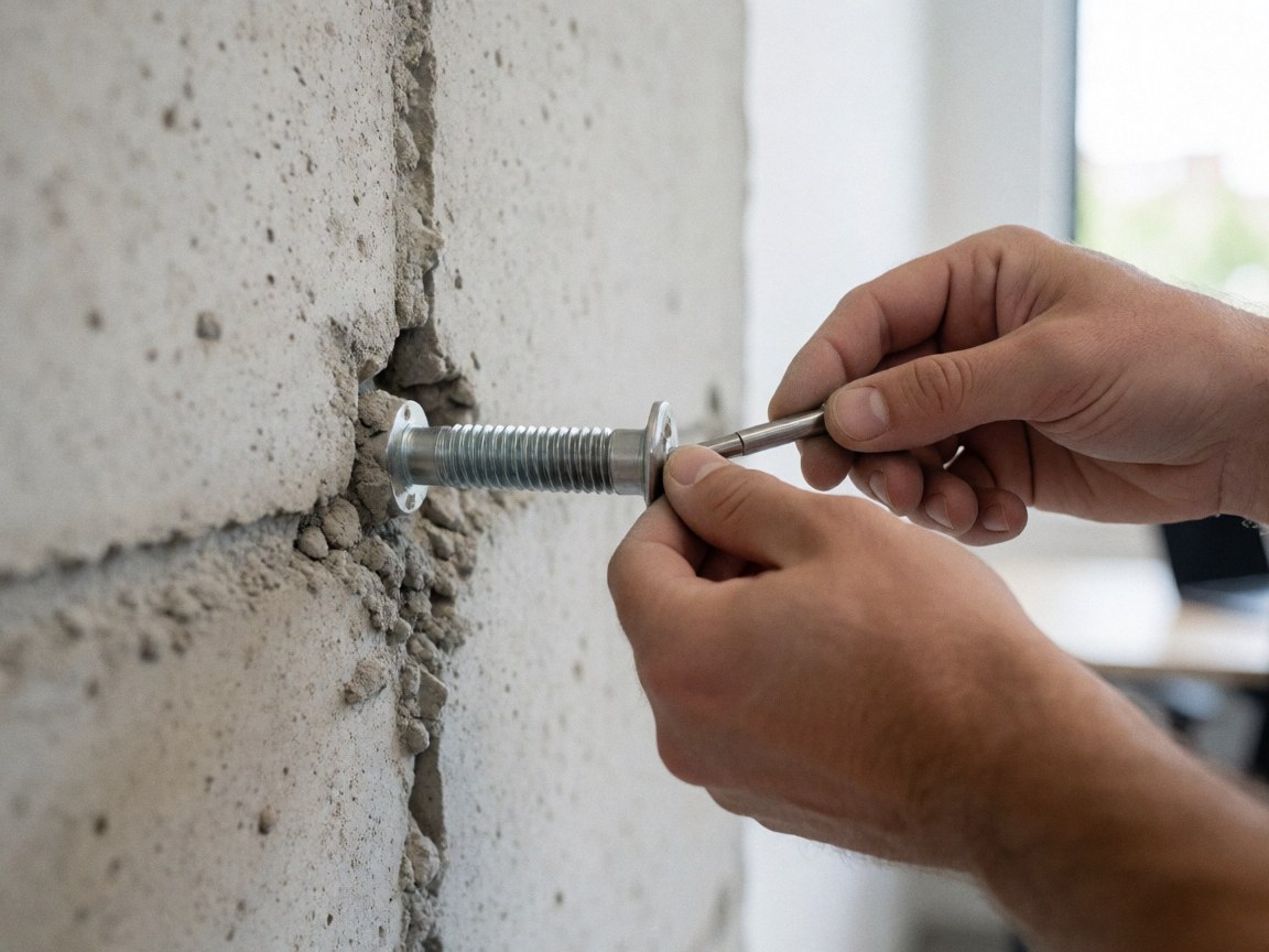 Close-up of hands tightening a metal anchor into a concrete wall with visible dust, suitable for security and construction contexts.