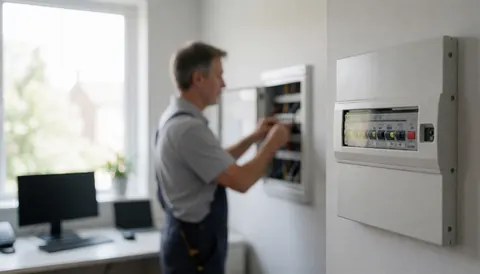 Electrician adjusting circuit breakers on a white electrical panel with natural light and clean walls