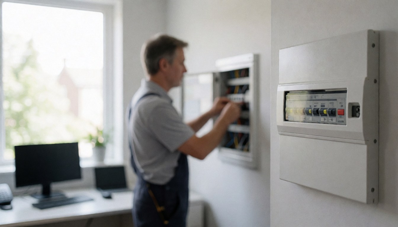 Electrician adjusting circuit breakers on a white electrical panel with natural light and clean walls