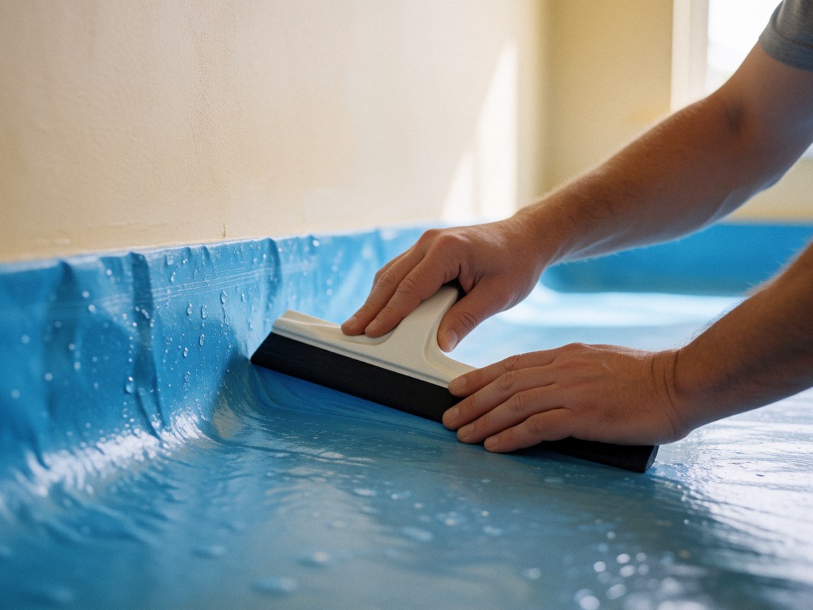 Close-up of hands using a squeegee to install a blue pool liner against a beige wall with bubbly water visible