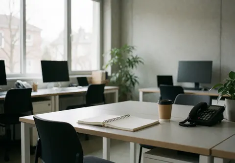 Study desk with open book, coffee cup, and plant, ideal for Spanish class in a quiet, bright setting.