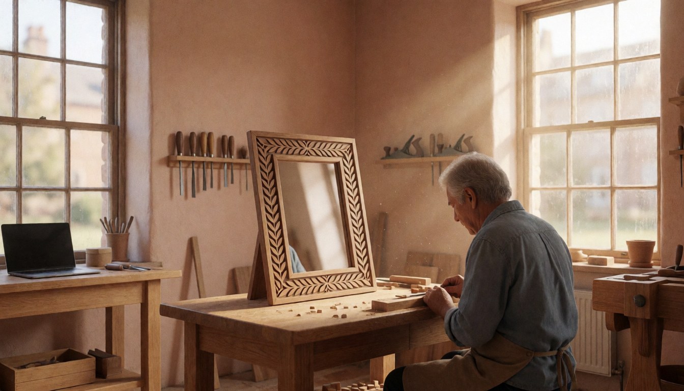 Wood carver shaping a mirror frame using hand tools in a workshop with natural light from windows