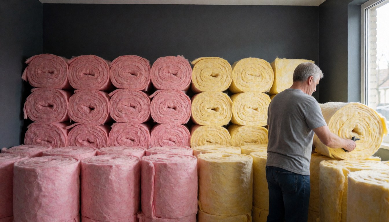 A man cuts pink and yellow thermal insulation rolls in a warehouse with gray walls and natural light from a window.