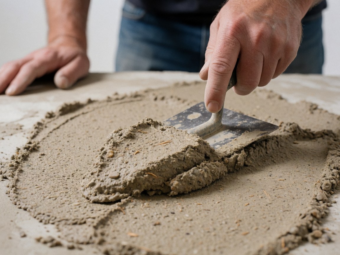 Close-up of a hand using a trowel to apply stucco plaster, showing the texture and finishing process for plasterers.