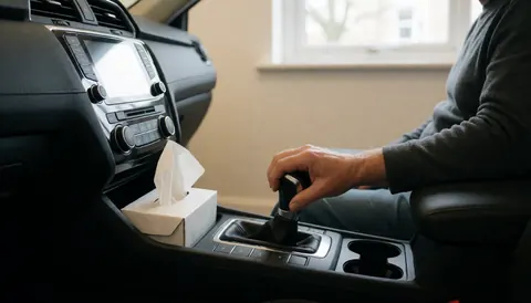 Close-up view of a hand resting on the gear shift lever inside a clean car interior with natural light and white walls.