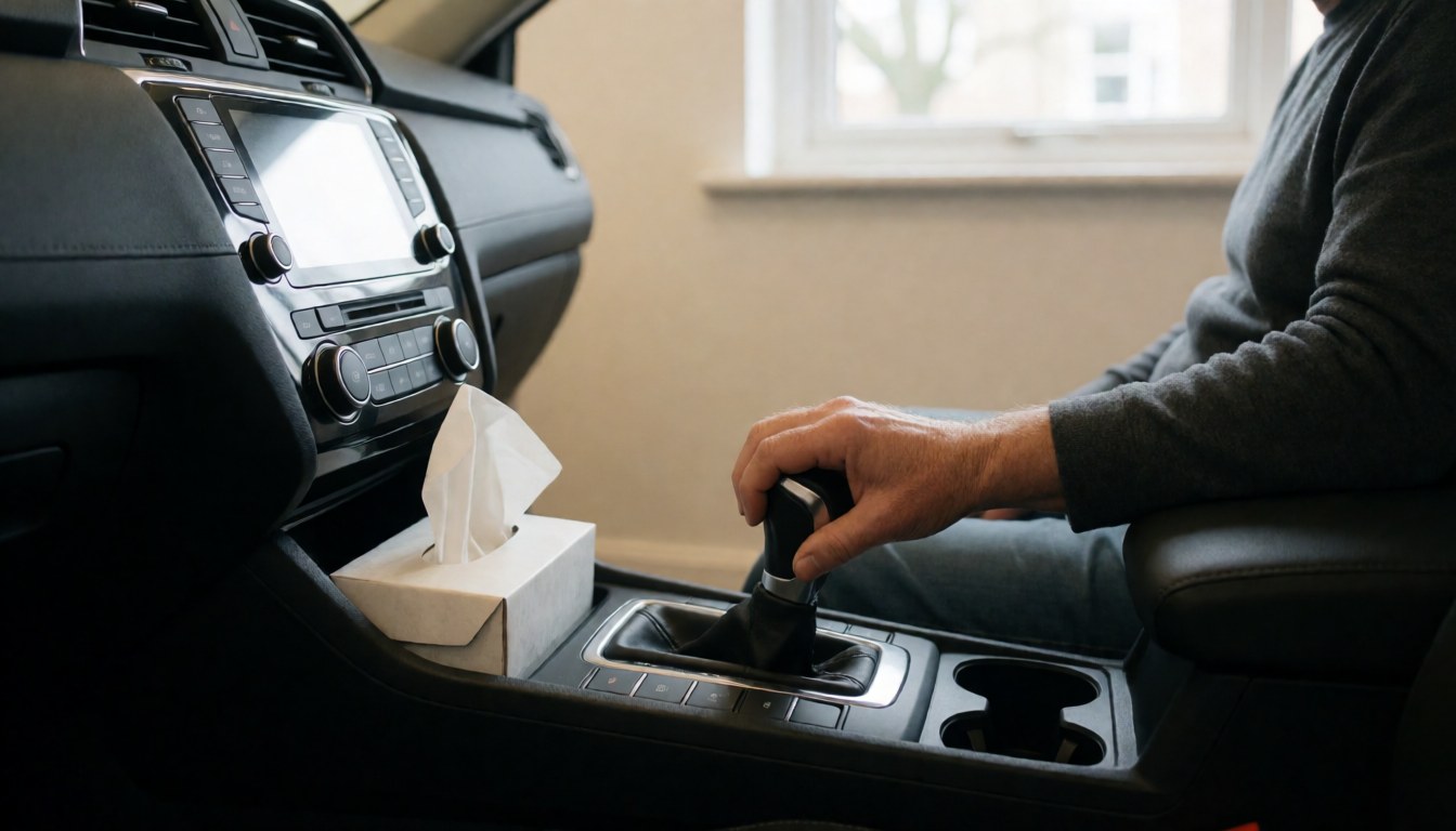 Close-up view of a hand resting on the gear shift lever inside a clean car interior with natural light and white walls.