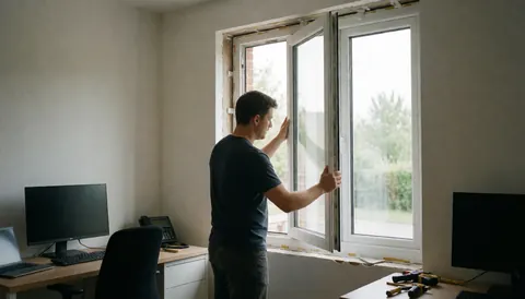 A man installs a double glazed window in an office with unpainted walls and tools on the desk, illuminated by natural light.
