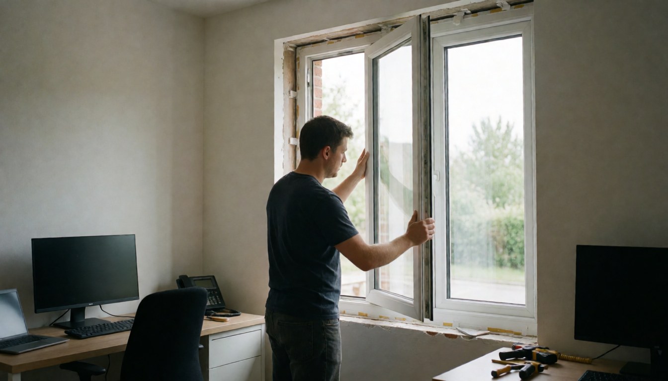 A man installs a double glazed window in an office with unpainted walls and tools on the desk, illuminated by natural light.