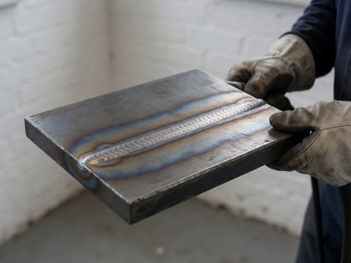 Close-up of a MIG weld bead on a steel plate with heat discoloration against a white brick wall