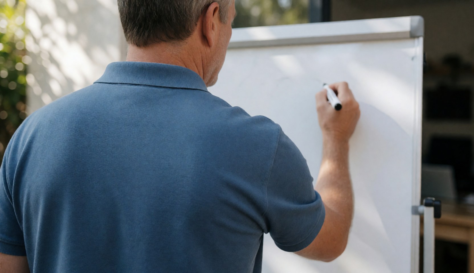 Soccer coach writing strategy on a whiteboard outdoors, professional and realistic scene for your website.
