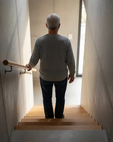 An adult walks up a new wooden staircase with a wooden handrail, polished concrete walls, and natural light.
