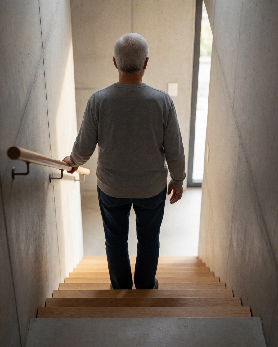 An adult walks up a new wooden staircase with a wooden handrail, polished concrete walls, and natural light.