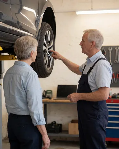 Mechanic in apron explains tire repair to attentive customer in well-lit auto shop with tools on wall and vehicle raised
