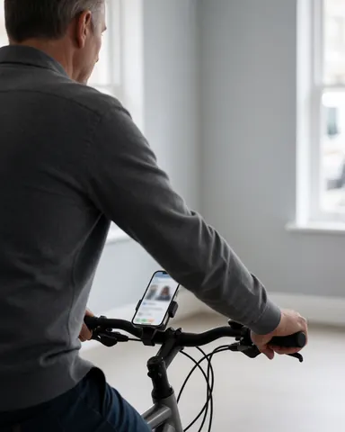 Back view of a cyclist using a smartphone mounted on a bike handlebar with gray walls and windows in the background