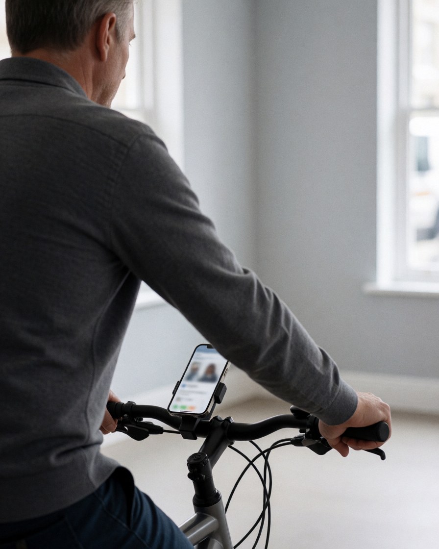 Back view of a cyclist using a smartphone mounted on a bike handlebar with gray walls and windows in the background
