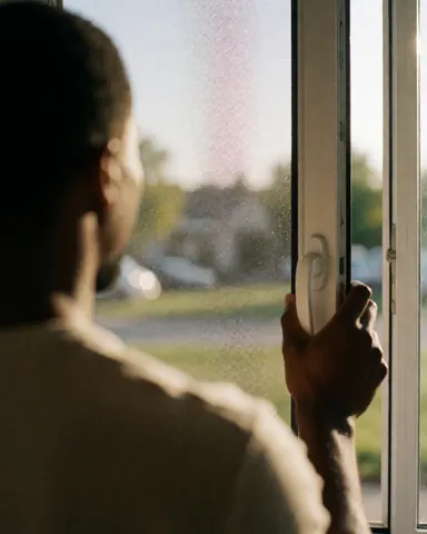 A person opens a window fitted with security bars, revealing an outdoor landscape bathed in warm sunset light, suitable for window repair businesses.