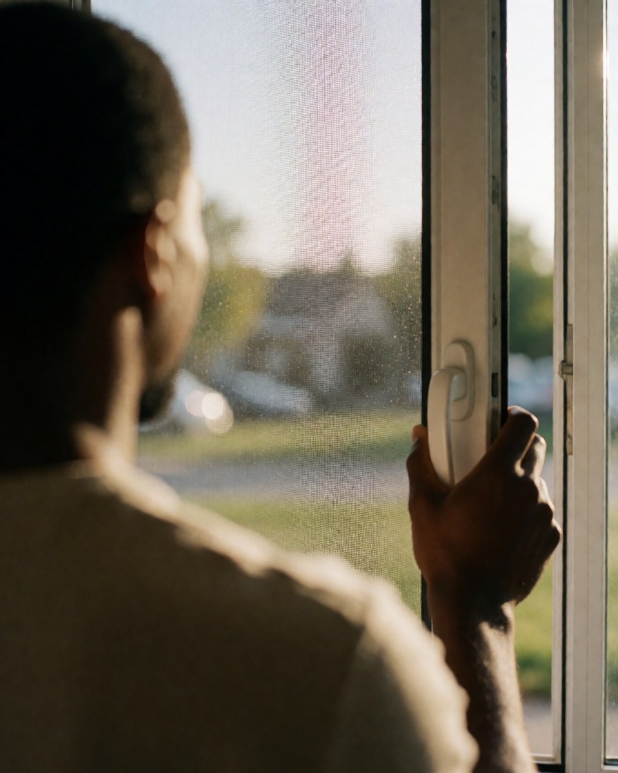 A person opens a window fitted with security bars, revealing an outdoor landscape bathed in warm sunset light, suitable for window repair businesses.