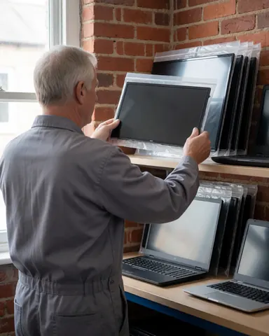 Technician choosing a replacement smartphone display in a repair shop with laptops and plastic bags on a wooden counter