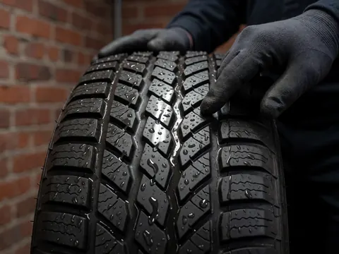 Close-up of a gloved hand pressing into the wet tread of a tire, showing water details against a red brick wall under fluorescent lighting.