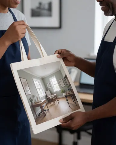 A smiling customer holds a custom printed tote bag in a modern office with gray walls and wooden furniture