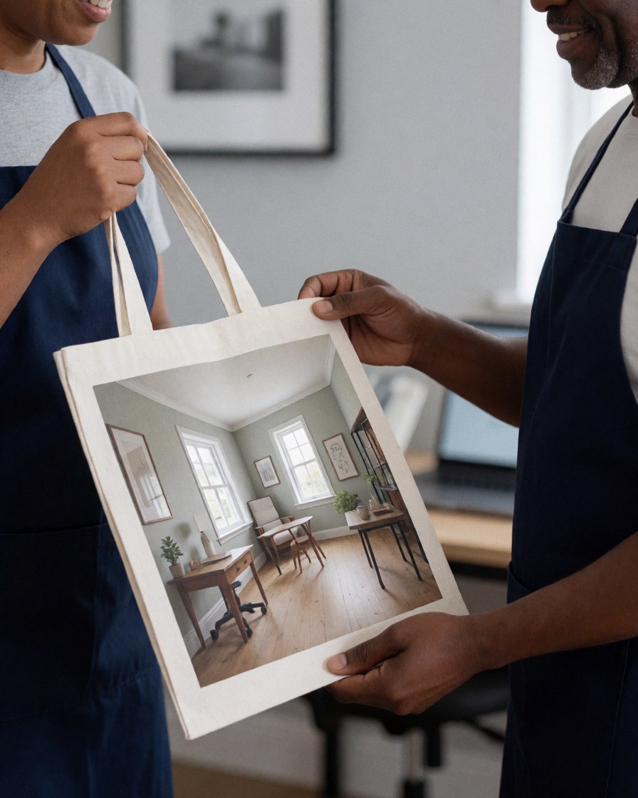 A smiling customer holds a custom printed tote bag in a modern office with gray walls and wooden furniture