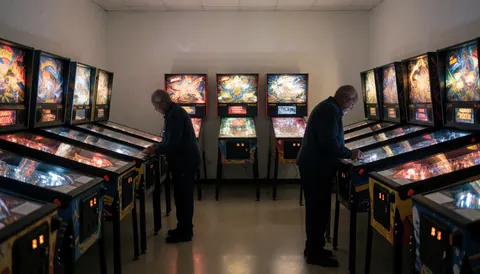 Two adults playing illuminated pinball machines in an indoor entertainment center with white walls and polished floors