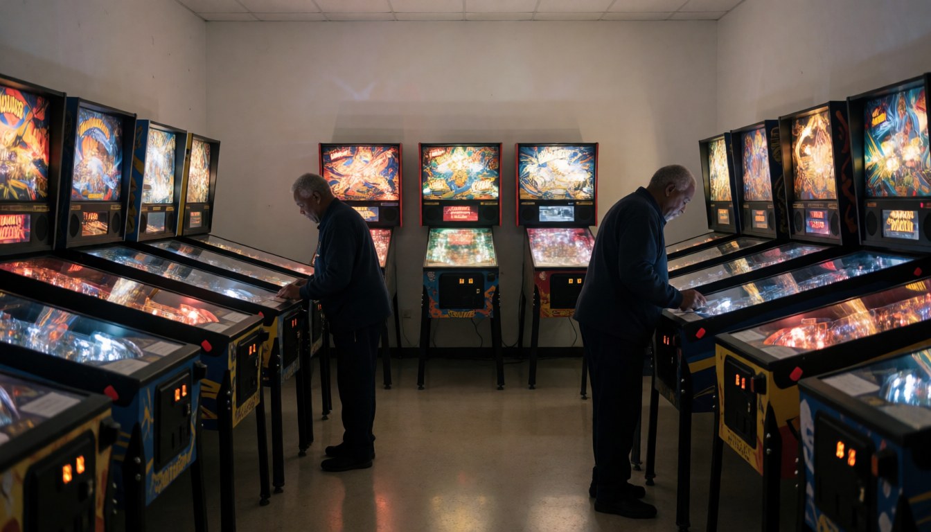 Two adults playing illuminated pinball machines in an indoor entertainment center with white walls and polished floors