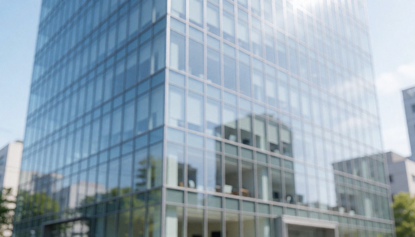 Facade of a modern corporate building featuring reflective glass windows and a metal structure, suitable as a background for commercial text.