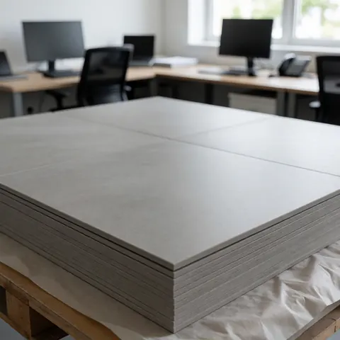 Stack of gray matte tiles on a pallet with protective paper, ideal for flooring installation projects in offices or homes.