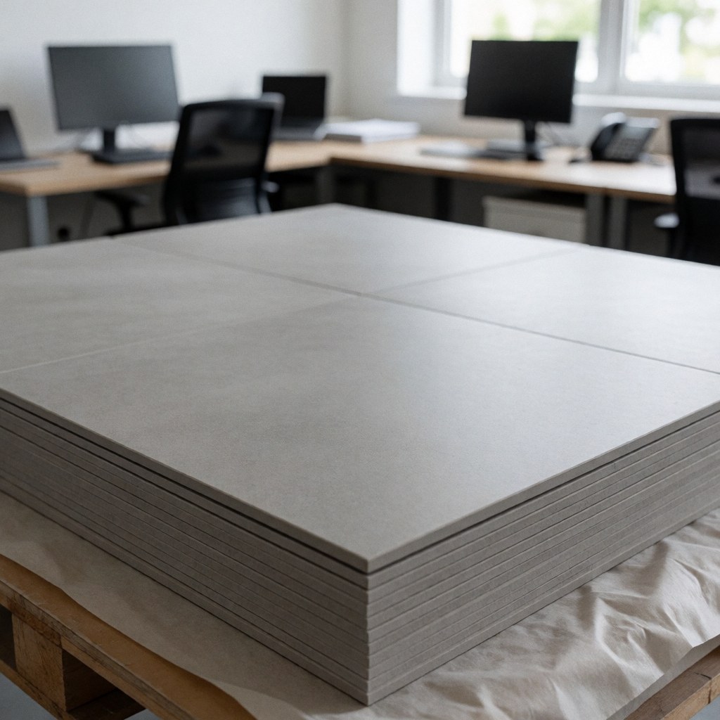 Stack of gray matte tiles on a pallet with protective paper, ideal for flooring installation projects in offices or homes.