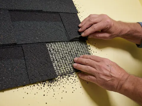 Close-up of a hand using a tool to remove granules from a damaged roof, revealing the underlying fiberglass layer for repair purposes.