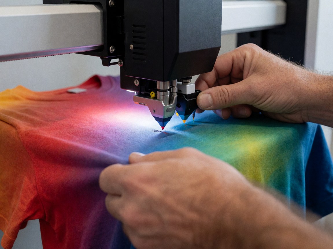 A DTG printer deposits ink drops onto cotton fabric while hands adjust a colorful t-shirt for printing.