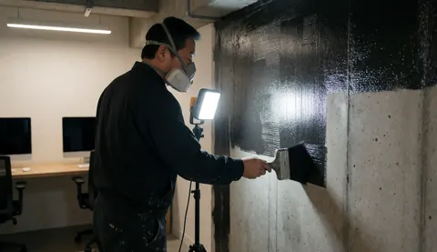 Technician wearing a mask applies black bituminous paint to a concrete wall with a brush under portable light during waterproofing service