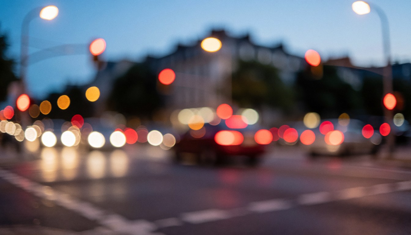 Blurry urban background with traffic lights, streetlamps, and evening sky, ideal for freight transport text overlays