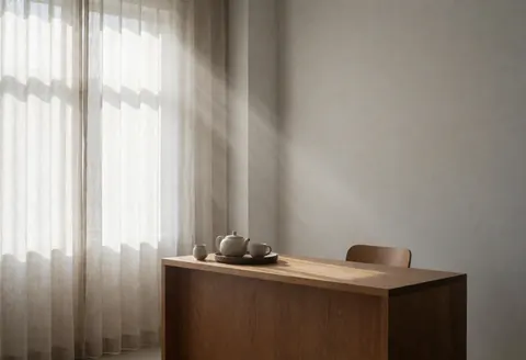 Light wood table holding a ceramic teapot beside linen curtains against a warm gray wall, creating a serene interior space.