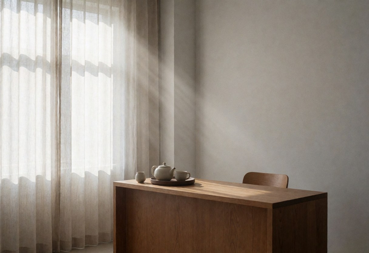 Light wood table holding a ceramic teapot beside linen curtains against a warm gray wall, creating a serene interior space.