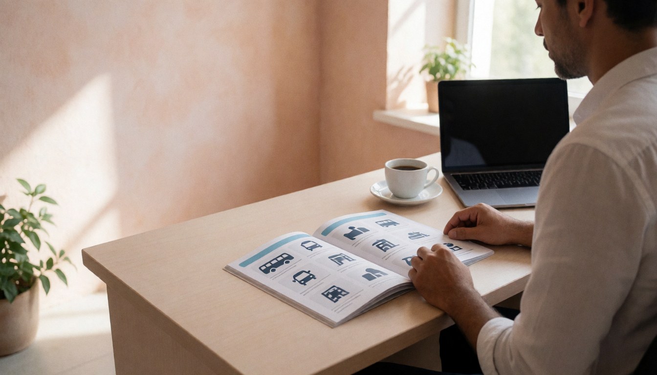 Travel agent reviewing a bus tour brochure with icons, laptop, and coffee on a desk with terracotta walls and natural light