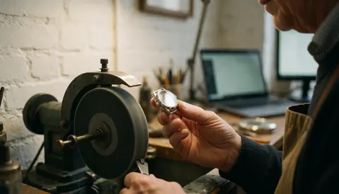 A hand holds a shiny watch case near a polishing lathe in a workshop with white brick walls and warm light.