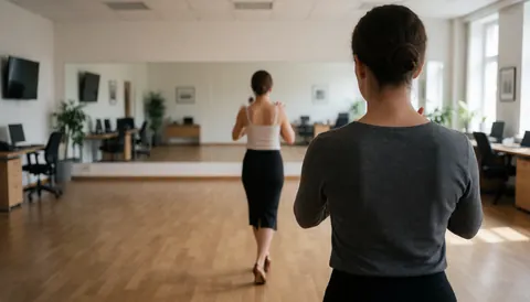 Back view of a woman practicing tango in a wooden studio with mirrors and natural light, leaving space for text overlay.
