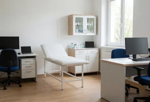 Clean medical room with exam beds, medical cabinet with products and computers, ideal for cycling coaches
