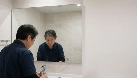 A man inspects his work in a modern bathroom featuring a large frameless mirror, showing the final result of the installation.