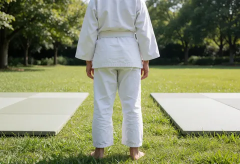 Back view of a martial arts student wearing a white gi standing on training mats in an outdoor garden with grass and trees